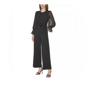 Calvin Klein Crewneck Chiffon Flare-Leg Jumpsuit